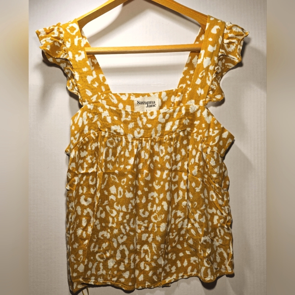 Savanna Jane Mustard and White Patterned Blouse Size LARGE Boho Chic